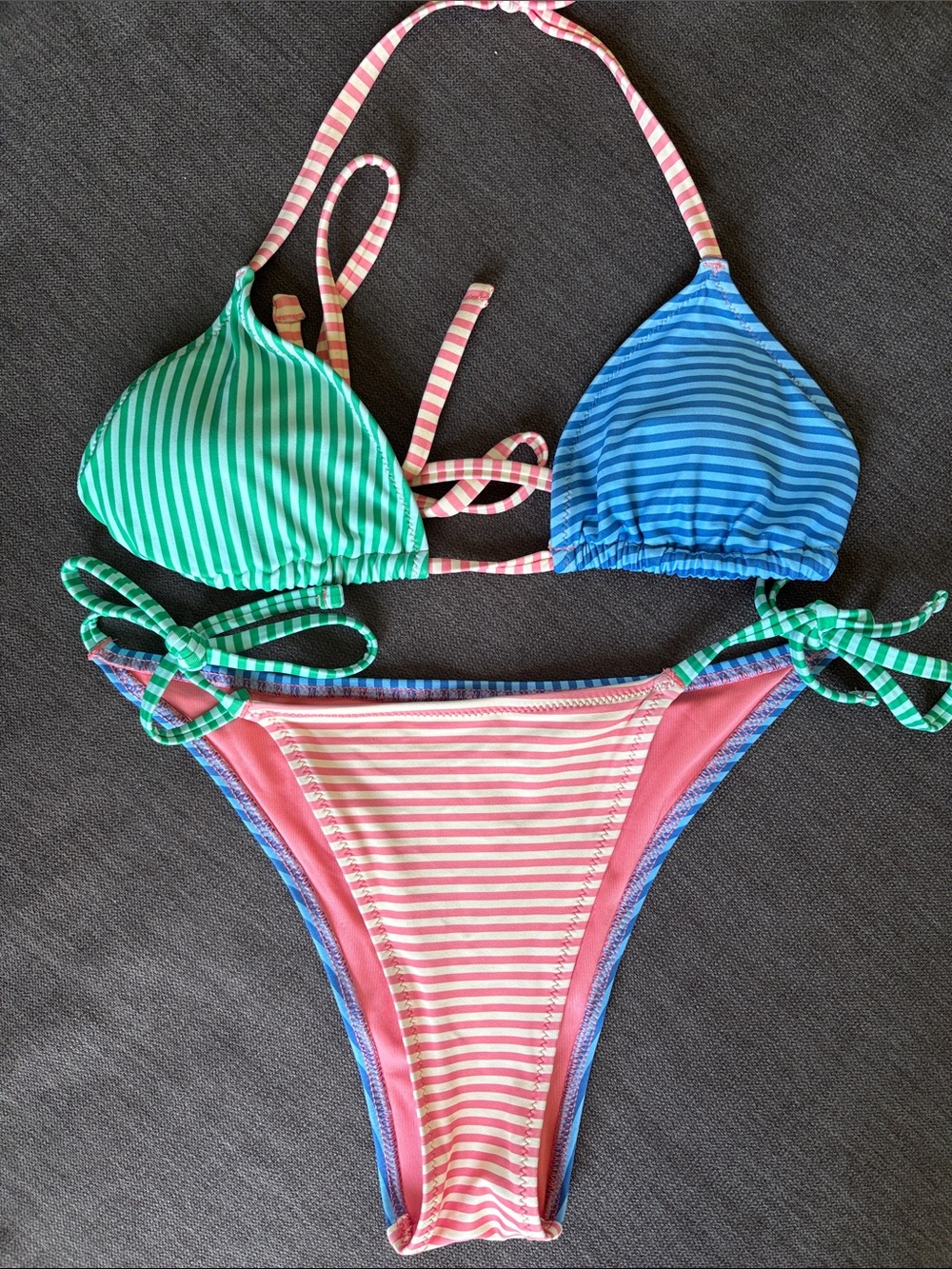 aerie Striped Multi-Color Triangle Bikini Top and Tie-Side Bottom